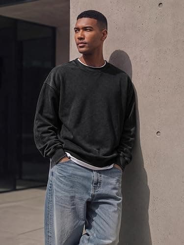 JMIERR Mens Acid Washed Cotton Crewneck Sweatshirt Long Sleeve Pullover | Ribbed Collar Cuffs, Relaxed Fit, Drop Shoulder, Y2K Streetwear Top, Vintage Casual Shirts, Fall Winter Fashion Outings thumbnail 9
