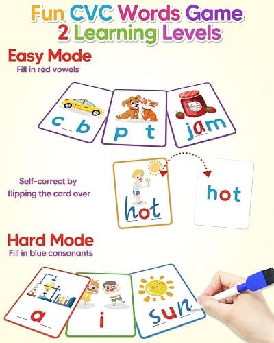 Gojmzo CVC Word Writing & Spelling Flash Cards, Preschool Learning Toddler Activities, Kindergarten Homeschool Supplies, Sight Words Reading Game, Montessori Educational Toys for 3 4 5 6 Year Old Kids thumbnail 4