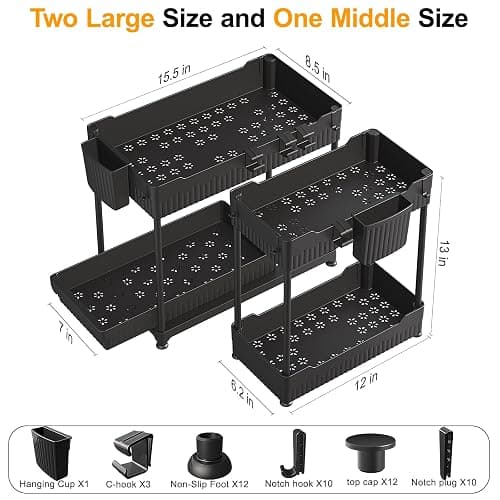 Sevenblue 3 Pack Under Sink Organizers,2-Tier Multi-Use Kitchen and Bathroom Organizers and Storage with Sliding Drawers,Bathroom Cabinet Organizer (Black,12.8 Inch) thumbnail 2