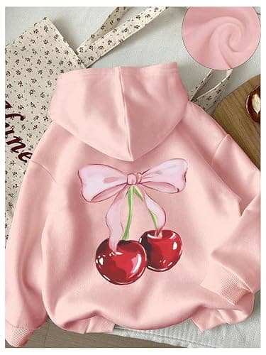 QJQ Girls Cherry Print Graphic Hoodie Cute Thermal Long Sleeve Hooded Sweatshirt Drop Shoulder Pullover Tops Ages 8-12 thumbnail 2