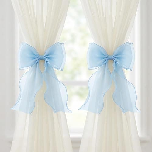 GAJILON 2 Pack French Lace Bow Curtain Tiebacks, Light Blue | Silky Ribbon Curtain Ties and No-Drill Holdbacks for Sheer Drapes, Bedrooms, Nurseries, Canopies and Wedding Decor - Image 1