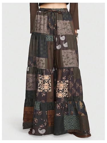 Verdusa Women's Hippie Ruffle Flowy Wide Leg Pants Elastic Waist Vintage Loose Palazzo Pants thumbnail 3