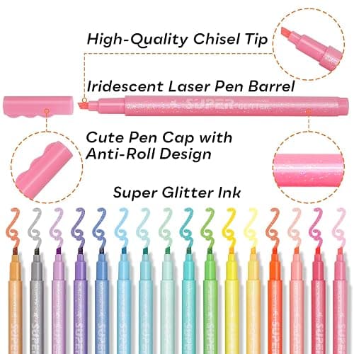 HANKU Glitter Highlighter Markers, 16-Count, Chisel Tip Glitter Highlighters Assorted Colors, Sparkly Markers for Adult Coloring Journaling Art Supplies thumbnail 3