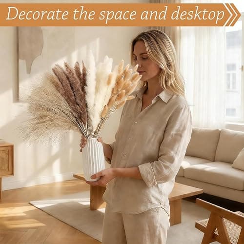 LIUYIDM 100 Stück Pampasgras Deko Trockenblumenstrauß Pampasgras | Groß Trockenblumen Deko Pampas Gras Naturmateria Trockenblumen Strauß Trocken Blumen für Wohnzimmer Schlafzimmer Boho-Partys thumbnail 2