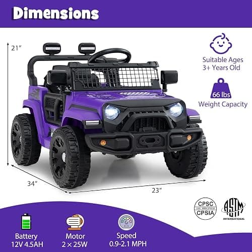 Costzon 12V Kids Ride on Car Truck w/Remote Control (Purple, 34"×23"×21") | Foldable Mirrors, 3 Speeds, LED Lights, Music & Horn, Battery Powered Electric  Vehicle for Toddlers, Ride on Toys thumbnail 3