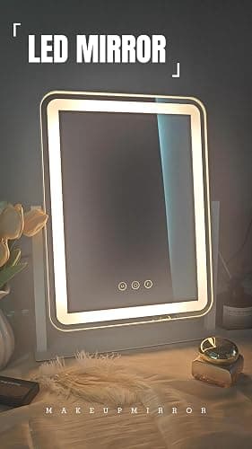 FENNIO Rounded Corner Lighted Vanity Mirror, 17" x 13" Makeup Mirror with Lights, 10X Magnifying Mirror, 3 Color Dimmable LED, Touch Control, Aluminum Stand, White thumbnail 7
