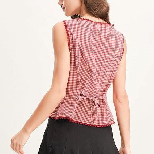 Ainangua Women Plaid Button Tank Top Summer Y2K Lace Trim Sleeveless Checkered Vest Casual Elegant Suit Blazer Wasitcoat thumbnail 2