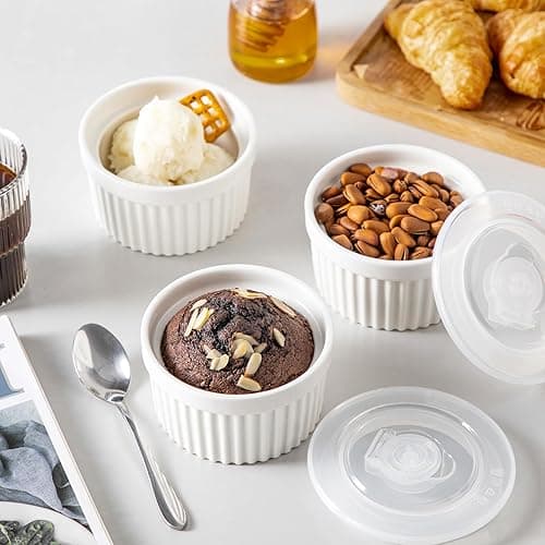 vancasso 8 oz Ramekins with Lid, Porcelain Creme Brulee Souffle Dishes, White Pudding Custard Cups Ramiken for Baking, Dishwasher and Oven Safe, Set of 6 thumbnail 8