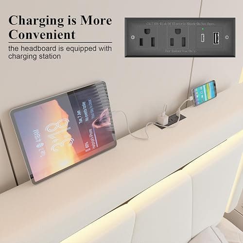 Full Size Bed Frame with 4 Storage Drawers and LED Lights, Upholstered Platform Bed with Adjustable Headboard and Charging Station, Metal Slats Support, No Box Spring Needed,Easy Assembly, White thumbnail 6