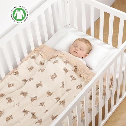 100% Organic Cotton Muslin Baby Blanket Flounce Edge Large 50"x43" Teddy Bear, Soft Breathable Toddler Quilt Crib Blankets Gender Neutral for Baby Boys and Girls Bassinet, Bed, Stroller & Snuggling thumbnail 3