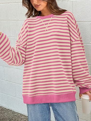 PRETTYGARDEN Womens Striped Oversized Sweatshirt Color Block Crew Neck Long Sleeve Casual Loose Pullover Top Y2K Clothes thumbnail 2