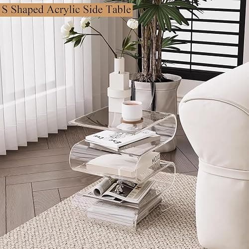 S-Shaped Acrylic Side Table with Magazine Bookshelf Modern Nightstand for Living Room Bedroom Study Office,Abstract,Home Decor,Sofa End Table,Couch,Accent Table(14.2″W×11.8″D×16.7″H, Red) thumbnail 2