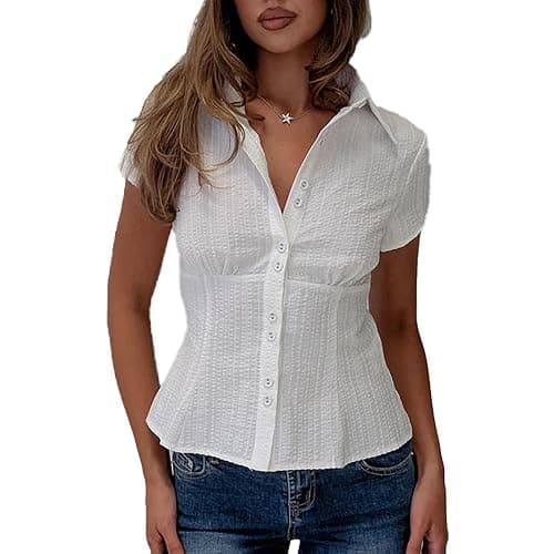 Womens Button Down Shirts Short Cap Sleeve V Neck Collared Plaid Waisted Blouses Summer Casual Tops - Image 1
