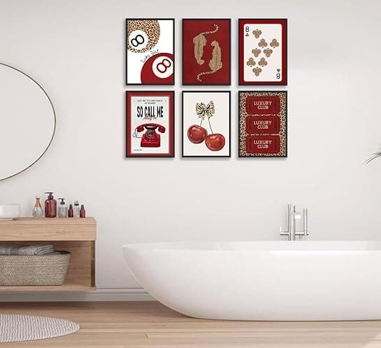 SYZPIKU 6Pcs Trendy Red Leopard Wall Art Cheetah Wall Decor Lucky 8 Ball Poster Red Cherry Bow Canvas Painting for Girls Bedroom Apartment Dorm Home Artwork Decorations Unframed thumbnail 5
