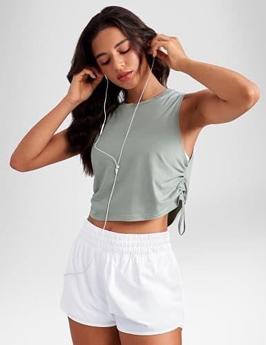 INGIA Pima Cotton Women Crew Neck Workout Cropped Tank Tops Ruched Side Sleeveless Gym Yoga Running Shirts thumbnail 3
