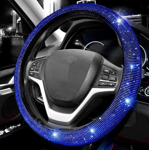 Valleycomfy Steering Wheel Cover for Women Men Bling Bling Crystal Diamond Sparkling Car SUV Wheel Protector Universal Fit 15 Inch (Black with Blue Diamond,Standard Size(14" 1/2-15" 1/4)) thumbnail 2