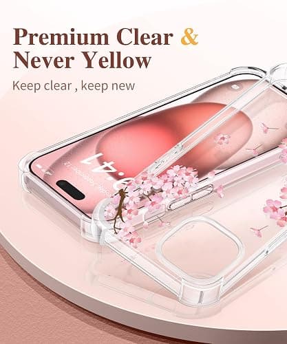 GVIEWIN for iPhone 15 Case Floral, with Screen Protector&Camera Lens Protector,[Non Yellowing] Soft Shockproof Clear Phone Protective Cover for Women, Flower Pattern Design 6.1" (Sakura/Pink) thumbnail 3