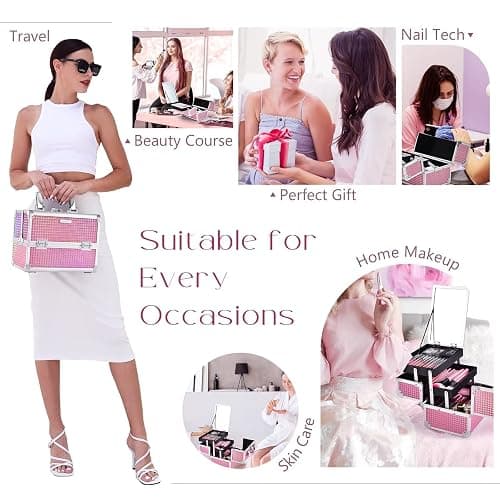 Joligrace Makeup Train Case Makeup Case Organizer Portable Cosmetic Box Storage with 2 Trays Mirror Locking Make Up Travel Case for Nail Kits Cosmetics Craft Traveling Makeup Box Mermaid Pink thumbnail 3