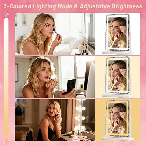 Suidia Vanity Mirror with Lights, 18"×14" LED Makeup Mirror with Light, Smart Touch with 3-Color Lighting, 360°Ratation for Vanity Desk Tabletop,White,Lamp Belt Style thumbnail 4
