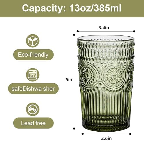 ZMOWIPDL Vintage Glassware Drinking Glasses Set of 6,13 oz Green Textured Flower Design Glass Water Tumblers，Embossed Striped Drinkware for Water,Cocktails,Juice,Iced Coffee thumbnail 3
