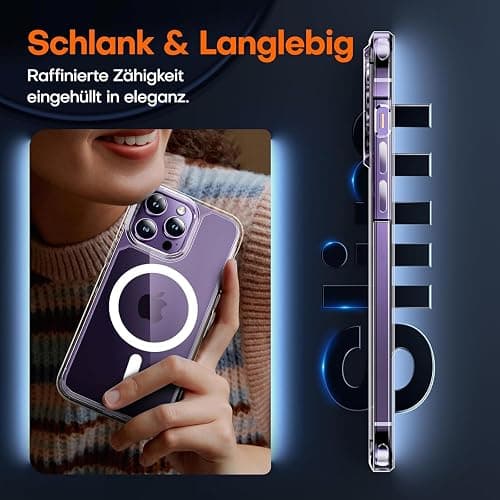 TAURI für iPhone 14 Pro Hülle 6,1" mit Panzer Schutz Glas Folie, Kompatibel mit MagSafe, Schutz nach Militärstandard, [Anti-Vergilbung] Stoßfest Magnetisch Handyhülle - Durchsichtig thumbnail 6
