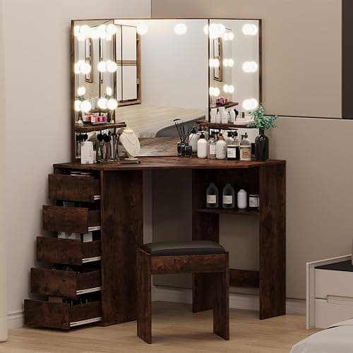Knowfunn Corner Vanity Desk Set with 3-Folding Lighted Mirrors, Makeup Vanity Table with Charging Station, 5 Rotating Drawers and Storage Bench for Bedroom, Rustic Brown thumbnail 2