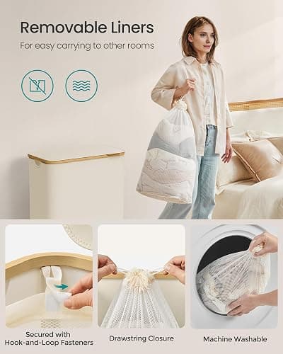 SONGMICS Laundry Hamper with Lid, 2-Section Large Laundry Basket, 34.3-gallon (130L), Removable Mesh Liner, Bamboo Handles, Collapsible, 20.5 x 15.2 x 27.8 Inches, Cream White ULCB513W01 thumbnail 6