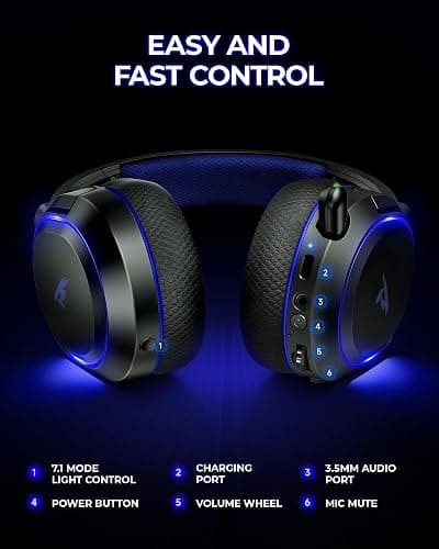 Wireless Gaming Headset, 7.1 Surround Sound, 2.4GHz USB Gaming Headphones with Bluetooth 5.4, 100H Battery, ENC Noise Canceling Mic, RGB Light, Wireless Headset for PC PS5 PS4 Mac Switch (Black-Blue) thumbnail 7