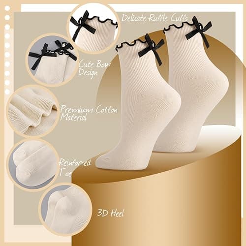 ZhouBoat 6 Pairs Womens Bow Socks Ruffle Casual Crew Socks Cute Black White Soft Breathable Cotton Frilly Ankle Socks thumbnail 3