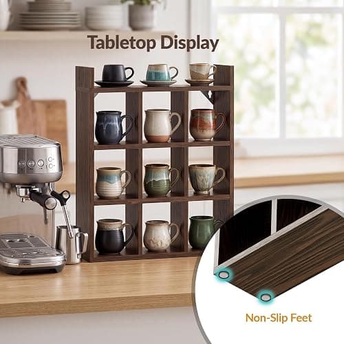 NiHome Mug Holder, Coffee Cup Rack, 9 Cups Wood Wall Mount Display Stand | Burnt Pine Wood, Rustic Hanger For Kitchen, Bar, Office. Easy Assembly With Hardware & Silicone Pads For Tabletop Use thumbnail 5