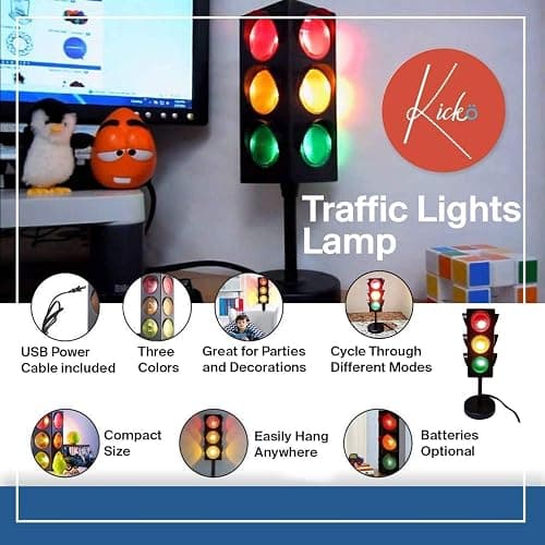 Kicko 11-Inch Traffic Light Lamp with Base - 4-Mode Color Changing Stop Lights for Kids’ Bedroom, Birthday Party Decoration or Playroom - Battery or USB Powered Mini Night Light - Boys Room Decor thumbnail 7