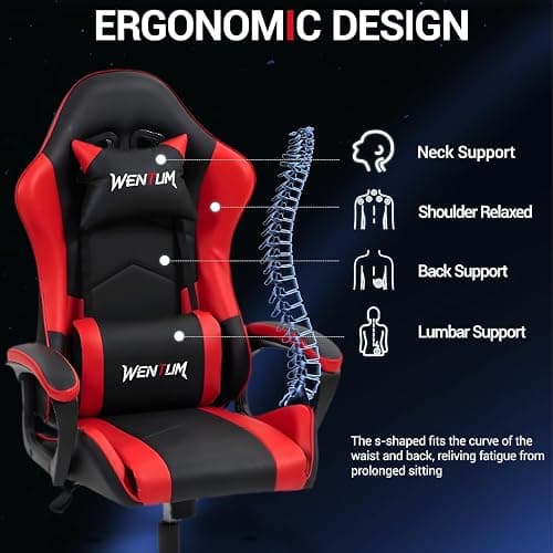 WENTUM Ergonomic Massage Gaming Chair for Kids Adults, Comfy PU Leather Office Desk Chair with Adjustable Headrest Lumbar Support 360° Swivel, Red thumbnail 4