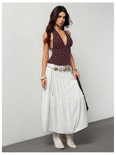 Milumia Women's Polka Dots Halter Top Y2k Tie Backless V Neck Ruffle Hem Peplum Tank Tops thumbnail 5
