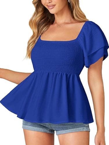 LYANER Women's Square Neck Smocked Peplum Top Ruffle Short Sleeve Babydoll Shirred Blouse thumbnail 3