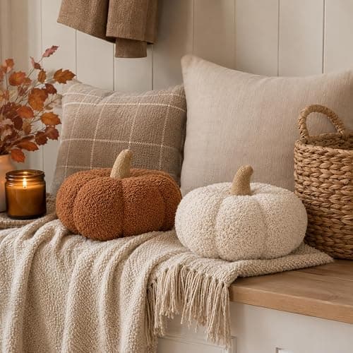 Pearhead Rust Sherpa Pumpkin, Plush Stuffed Halloween Home Decorations, Modern Fall Home Decor, Rust | Burlap Stem, Halloween or Thanksgiving Decor, Plush and Soft Autumn Accent - Mantels, Shelves and Cozy Fall Home Styling thumbnail 8