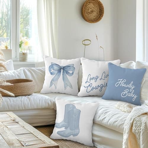 OTOUO Western Cowgirl Pillow Covers 18x18 - Howdy Long Live Cowgirls Boots Pillow Cover, Western Blue Coquette Bows Home Room Decor, Set of 4 thumbnail 2