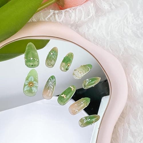 30pcs Green Press on Nails Medium Almond Fake Nails With 3D Flower Pearl Rhinestone Design Gold Beads Butterfly False Nails Star Glue on Nails 3D Summer Floral Full Cover Stick on Nails for Women thumbnail 6