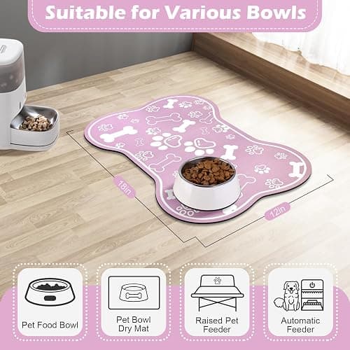 Dog Cat Mat for Food and Water,Rapid Absorbent Pet Feeding Mat, Bone Shaped Dog Placemat Bowl Mat with Rubber Backing,No Stains Pet Food Mats Indoor, Pet Accessories Supplies,Pink 12"×18" thumbnail 6