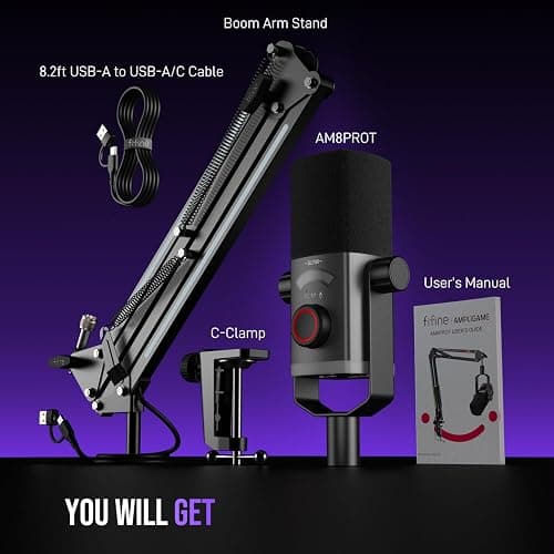 FIFINE Gaming Microphone Kit, XLR/USB Dynamic PC Microphone with Boom Arm for Podcast Recording, RGB Streaming Mic Set, Tap-to-Mute, Mix Control, Headphone Jack-AmpliGame AM8PROT thumbnail 8