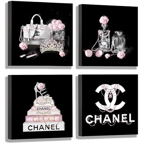 Meetdeceny Black And White Wall Art/Pink Book Pictures Room Decor for Teen Girls/Women Handbag Perfume Wall Decor for Living Room/Fashion Canvas Artwork Size 10"x 10"x 4 Pieces - Image 1