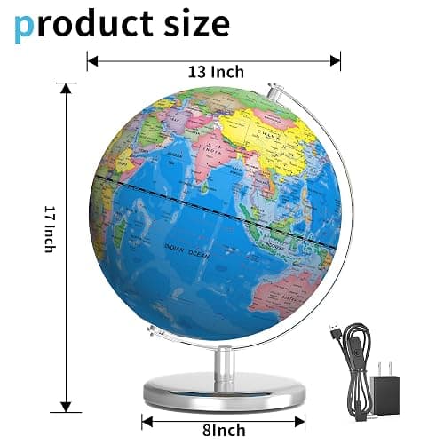 Orionstar 13" Large World Globe with Stand, Educational Globe for Kids Learning, Colorful HD World Map Details, Illuminated Globes Lamp with Stable Heavy Metal Base, LED thumbnail 3