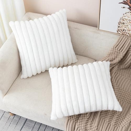 ZLINA Set of 2 Cream White Faux Fur Decorative Throw Pillow Covers Fluffy Striped Pillowcase Cushion Covers 18 x 18 Inch Decor Sofa Couch Bedroom thumbnail 5