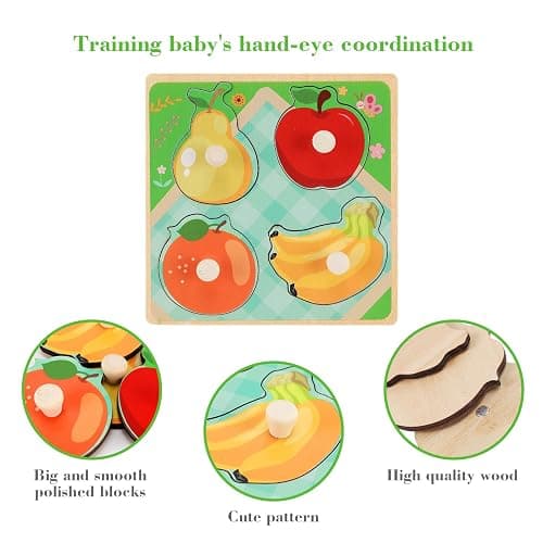 Wooden Peg Puzzles for Toddlers 1-3, Kids' Educational Preschool Peg Puzzle Toy, Set of 4 Toddler Puzzles - Farm, Dinosaur, Fruit and Marine Animals, Ideal Gift for Ages 1 2 3 Boys and Girls - Style a thumbnail 4