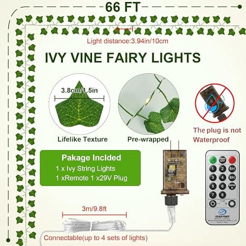 OMIKA Vine with Fairy Lights Plug in, 66FT 200 LED Ivy String Lights Connectable with Remote, Leaf Light Waterproof for Bedroom, Room, Wall, Garden, Party, Wedding Decor (Warm White) thumbnail 5