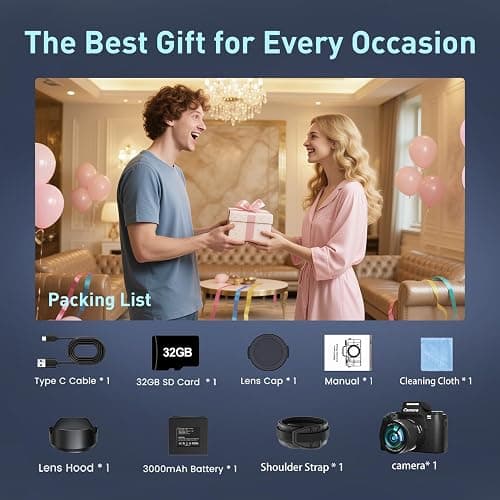 8K Digital Camera for Photography, WiFi & 4" Touch Screen Vlogging Camera for YouTube with Dual-Lens, 64MP Vlog Cameras 16X Digital Zoom with 32GB TF Card, 3000mAh Battery, Lens Hood, Black thumbnail 8