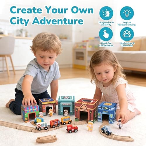 Wooden Train Set for Kids 3-7, Wood Train Tracks Complete Town Railway Playset with Matching Figures, Vehicles, Stacking and Nesting Blocks, Sorting & Stacking Toys Gifts for Boys Girls thumbnail 4