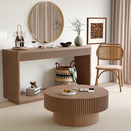 Round Coffee Table with Storage, Modern Wooden Coffee Table with Solid Wood Veneered, Circle Center Table Accent Tea Table for Living Room Apartment Small Space (31.5''L × 31.5''W × 14''H, Walnut) thumbnail 8