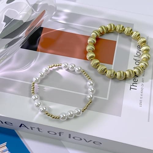 Gold Beaded Bracelets Set for Women Stretch Elastic Stackable Bracelets Dainty Round Bead Ball Pearl Cross Bracelet Stack Enewton Stretchable Bracelet Jewelry Christmas Mothers Day Gifts thumbnail 8