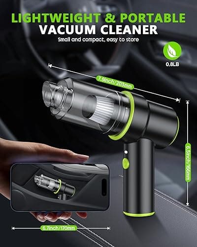 CODN Handheld Car Vacuum Portable Cordless 12000PA, 2 in 1 Handheld Vacuum Cleaner and Air Duster with Multi-Nozzles and LED Light, Mini Hand Held Vacuum Rechargeable for Home, Car, Office, Pet Hair thumbnail 7