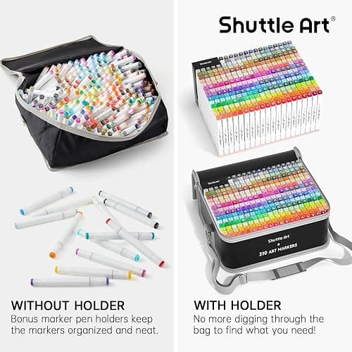 Shuttle Art 310 Colors Alcohol Markers, 309 Colors Dual Tip Art Marker Set Plus Colorless Blender, Micro-tip Pens, White Highlighter Pens, Marker Bag with Holders Perfect for Students Adults Coloring thumbnail 7